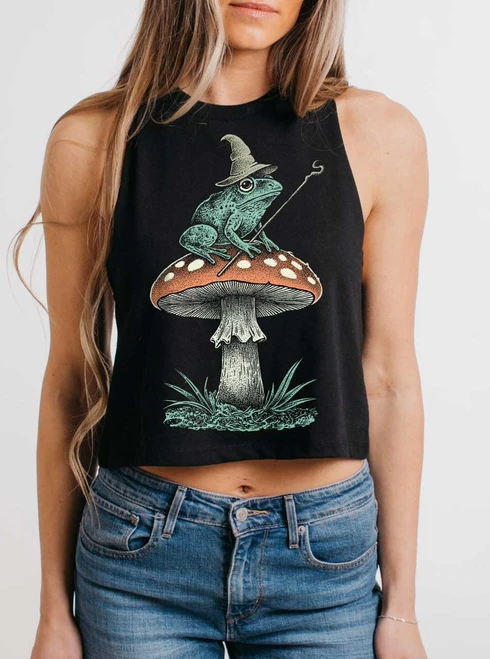 Little Wizard - Multicolor on Black Womens Cropped Racerback Tank