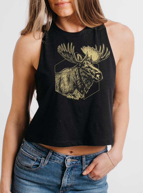 Mountain Moose - Multicolor on Black Womens Cropped Racerback Tank