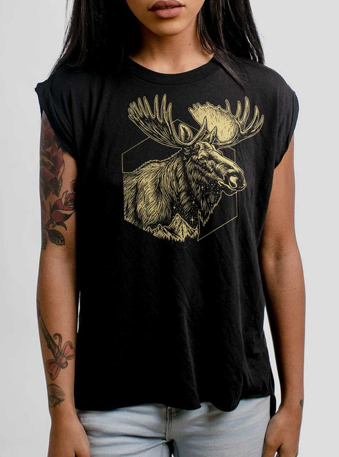 Mountain Moose - Multicolor on Black Women's Rolled Cuff T-Shirt