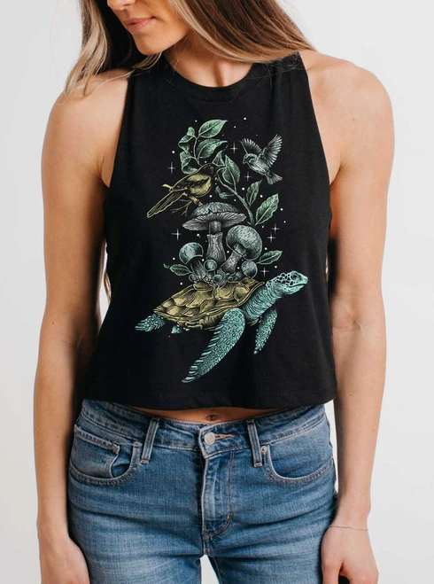 Sea to Sky - Multicolor on Black Womens Cropped Racerback Tank