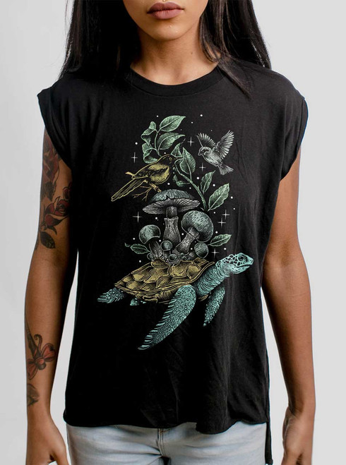 Sea to Sky - Multicolor on Black Women's Rolled Cuff T-Shirt