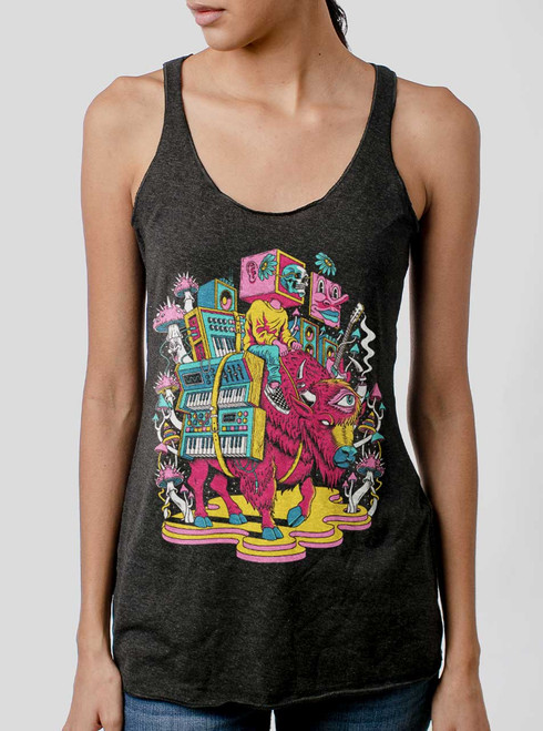 Buffalo Run - Multicolor on Heather Black Triblend Womens Racerback Tank Top