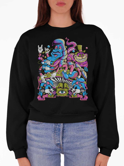 Wonderland - Multicolor on Black Women's Balloon Sleeve Sweatshirt