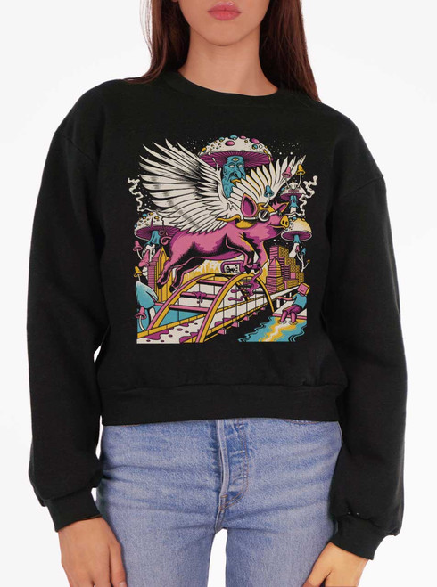 Pigs Fly - Multicolor on Black Women's Balloon Sleeve Sweatshirt