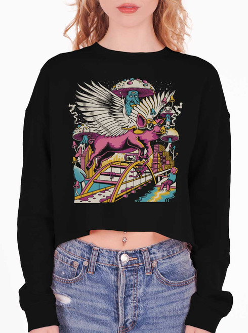 Pigs Fly - Multicolor on Black Women's Cropped Sweatshirt