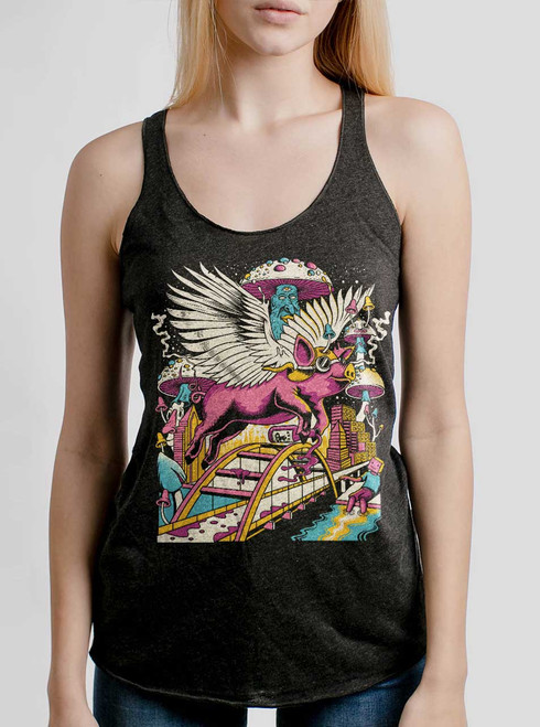 Pigs Fly - Multicolor on Heather Black Triblend Womens Racerback Tank Top