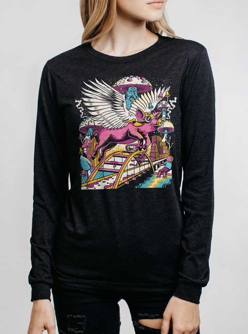 Pigs Fly - Multicolor on Heather Black Triblend Womens Long Sleeve