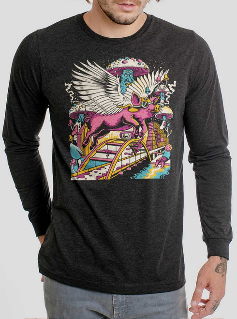 Pigs Fly - Multicolor on Heather Black Triblend Men's Long Sleeve