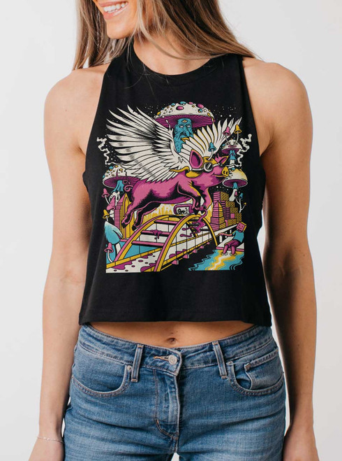 Pigs Fly - Multicolor on Black Womens Cropped Racerback Tank
