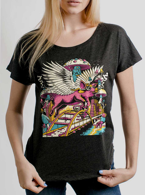 Pigs Fly - Multicolor on Heather Black Triblend Womens Dolman T Shirt