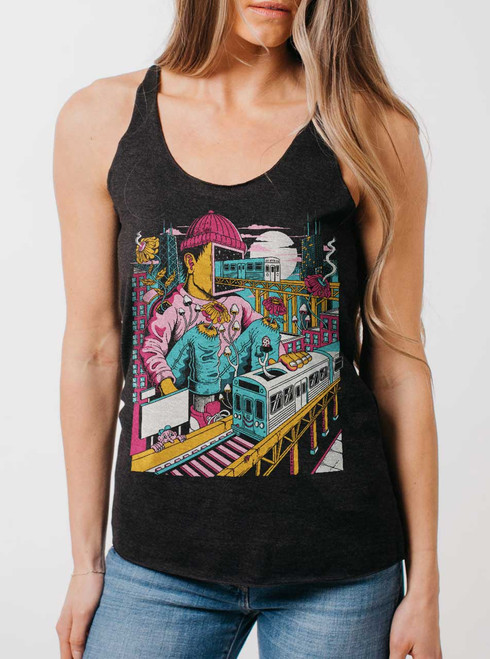 Chicago - Multicolor on Heather Black Triblend Womens Racerback Tank Top
