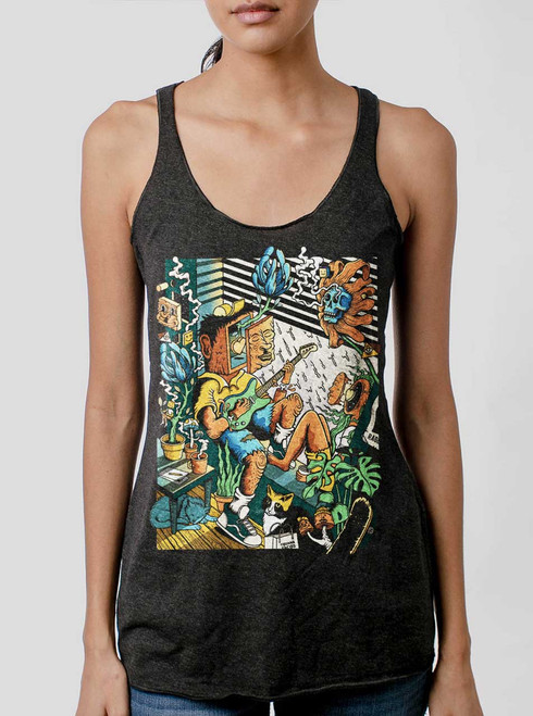 Jam Sesh - Multicolor on Heather Black Triblend Womens Racerback Tank Top