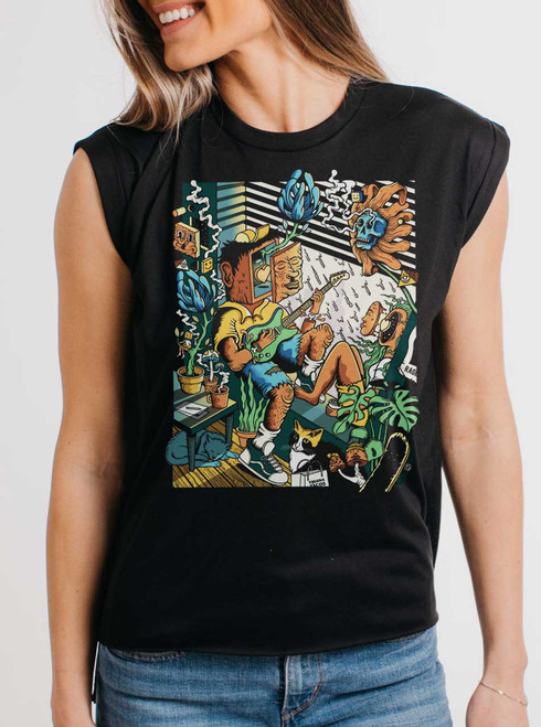 Jam Sesh - Multicolor on Black Women's Rolled Cuff T-Shirt