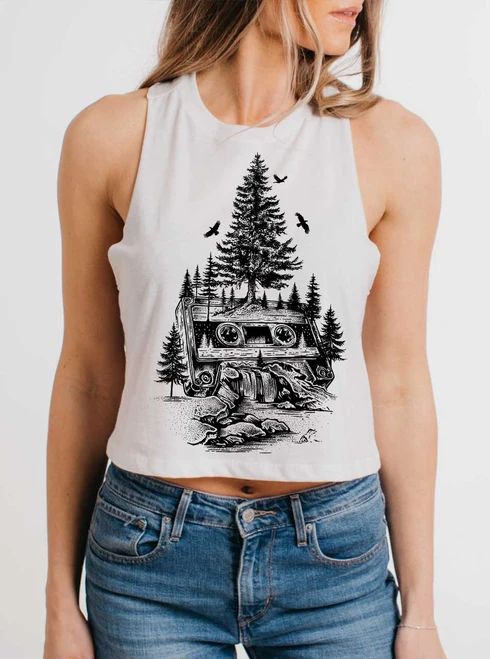 Wild Soundtrack - Black on White Womens Cropped Racerback Tank