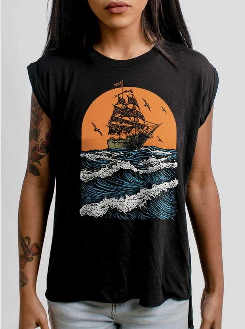 Ghost Ship - Multicolor on Black Women's Rolled Cuff T-Shirt