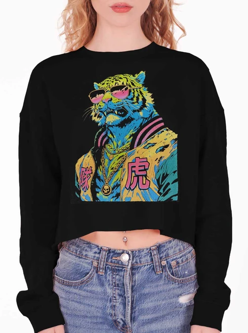 Tiger Boy - Multicolor on Black Women's Cropped Sweatshirt
