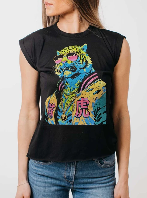 Tiger Boy - Multicolor on Black Women's Rolled Cuff T-Shirt