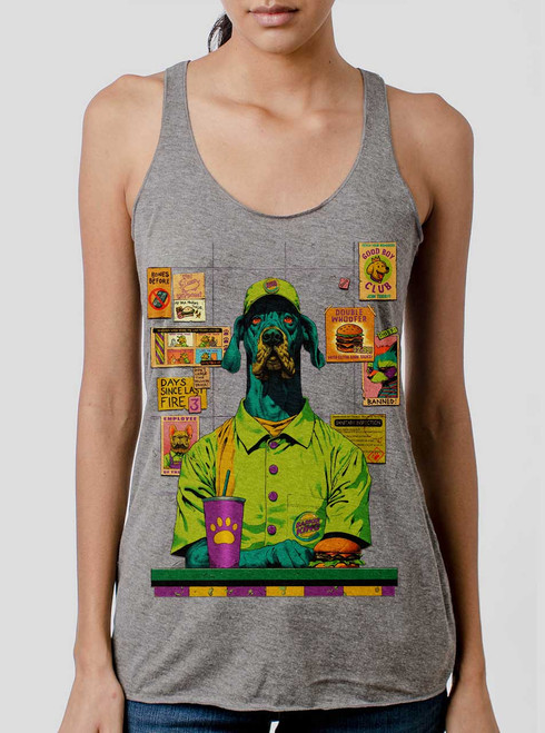 Barker King - Multicolor on Heather Grey Triblend Womens Racerback Tank Top