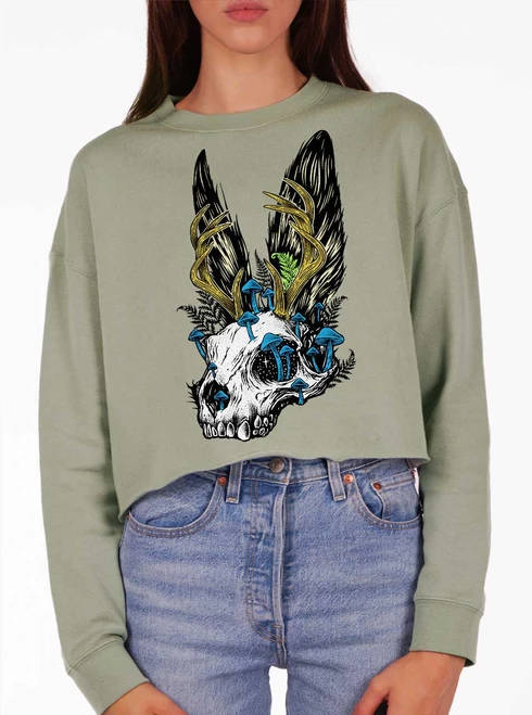 Jackalope Skull - Multicolor on Sage Women's Cropped Sweatshirt