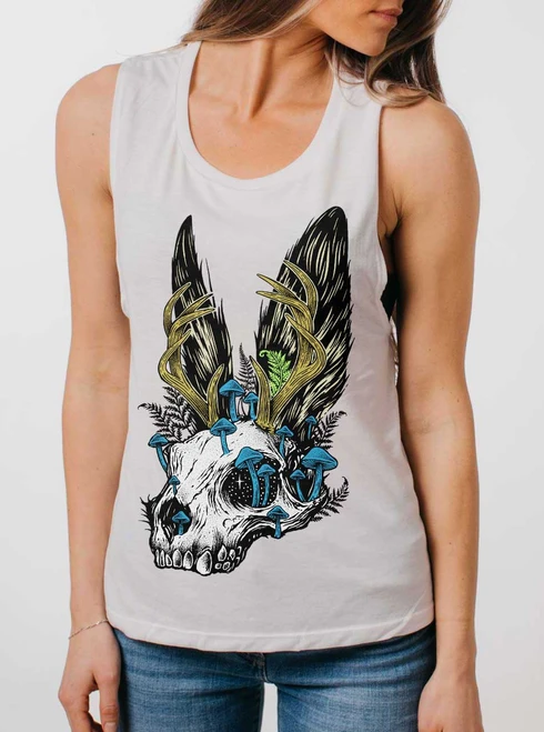Jackalope Skull - Black on White Womens Muscle Tank