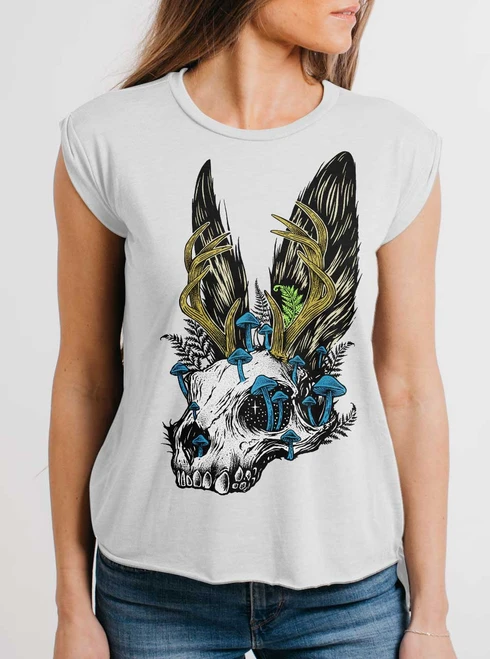 Jackalope Skull - Multicolor on White Women's Rolled Cuff T-Shirt