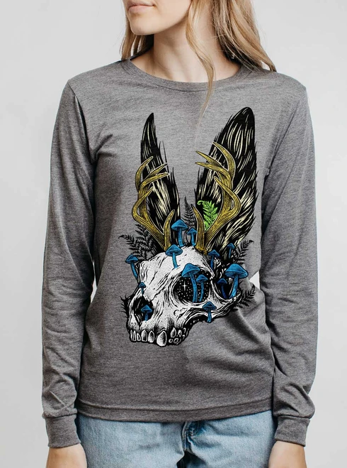 Jackalope Skull - Multicolor on Heather Grey Triblend Womens Long Sleeve