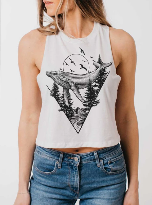 Deep Flight - Black on White Womens Cropped Racerback Tank