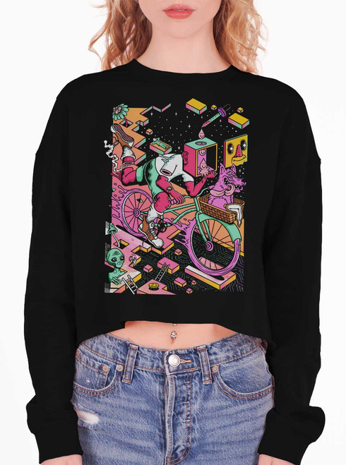 Bicycle Days - Multicolor on Black Women's Cropped Sweatshirt