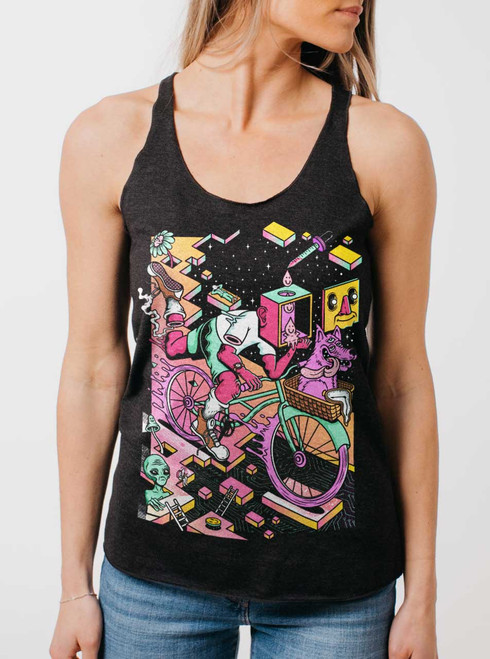 Bicycle Days - Multicolor on Heather Black Triblend Womens Racerback Tank Top