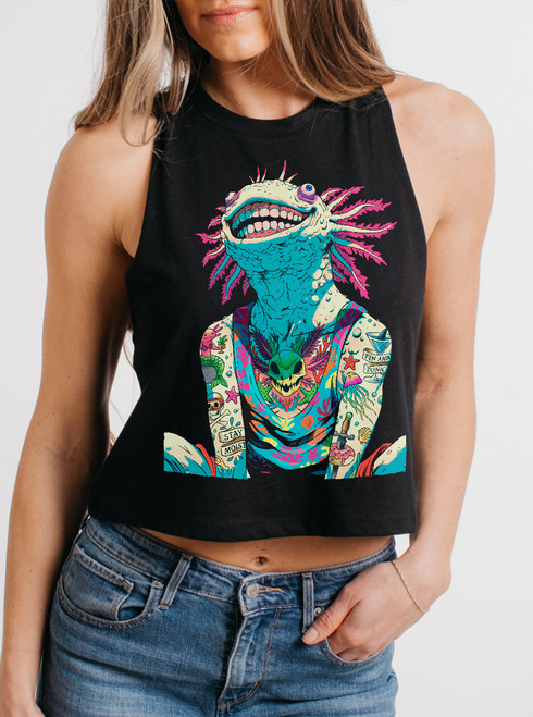Axolotl - Multicolor on Black Womens Cropped Racerback Tank