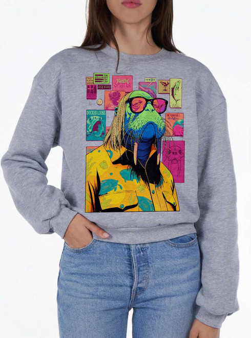The Walrus - Multicolor on Heather Grey Women's Balloon Sleeve Sweatshirt