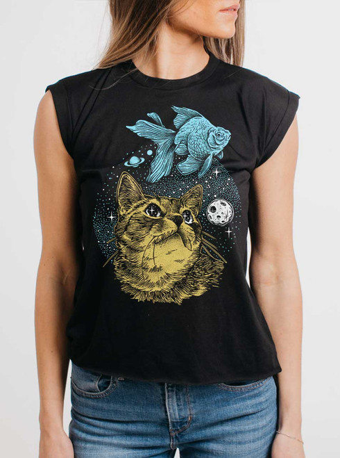 Cat Dreams - Multicolor on Black Women's Rolled Cuff T-Shirt