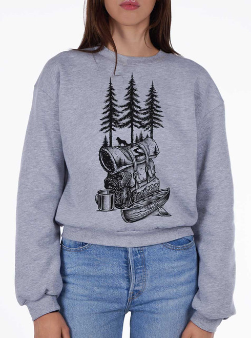 Adventure is Calling - Black on Heather Grey Women's Balloon Sleeve Sweatshirt