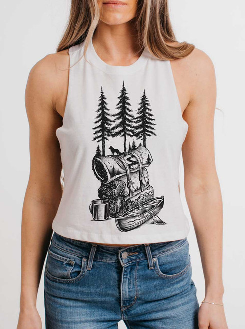 Adventure is Calling - Black on White Womens Cropped Racerback Tank