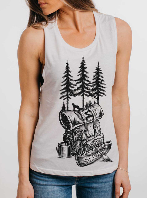 Adventure is Calling - Black on White Womens Muscle Tank