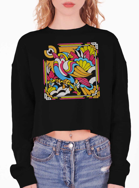 Bright Bird - Multicolor on Black Women's Cropped Sweatshirt