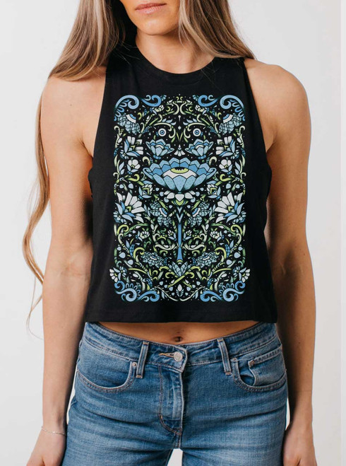 Touch Grass - Multicolor on Black Womens Cropped Racerback Tank