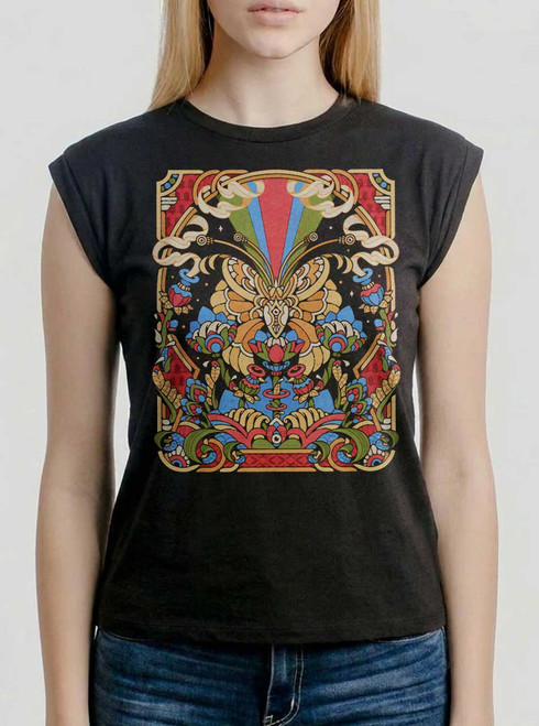 Mariposa - Multicolor on Black Women's Rolled Cuff T-Shirt