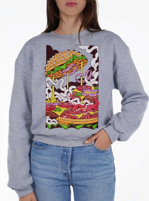 Cheeseburger - Multicolor on Heather Grey Women's Balloon Sleeve Sweatshirt