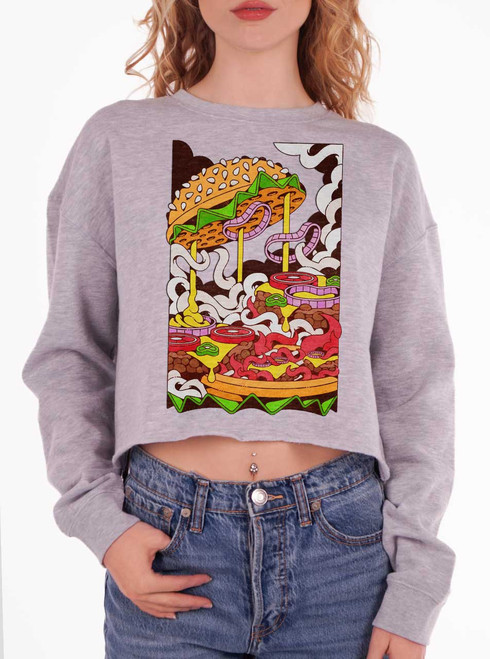 Cheeseburger - Multicolor on Grey Heather Women's Cropped Sweatshirt