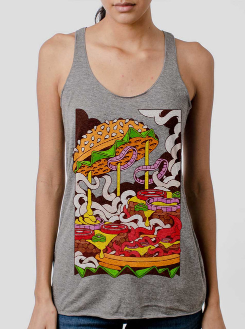 Cheeseburger - Multicolor on Heather Grey Triblend Womens Racerback Tank Top