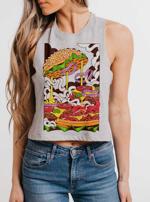 Cheeseburger - Multicolor on Grey Womens Cropped Racerback Tank