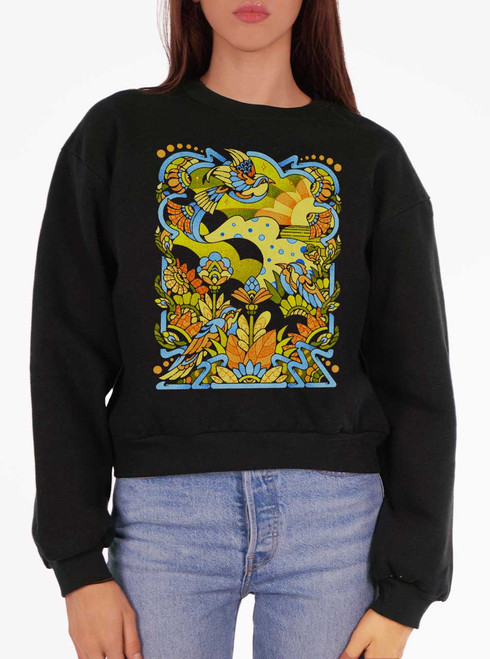 Bird Life - Multicolor on Black Women's Balloon Sleeve Sweatshirt