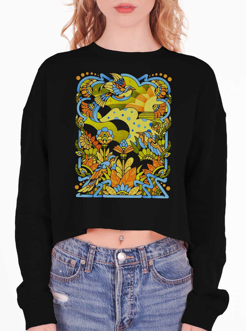 Bird Life - Multicolor on Black Women's Cropped Sweatshirt