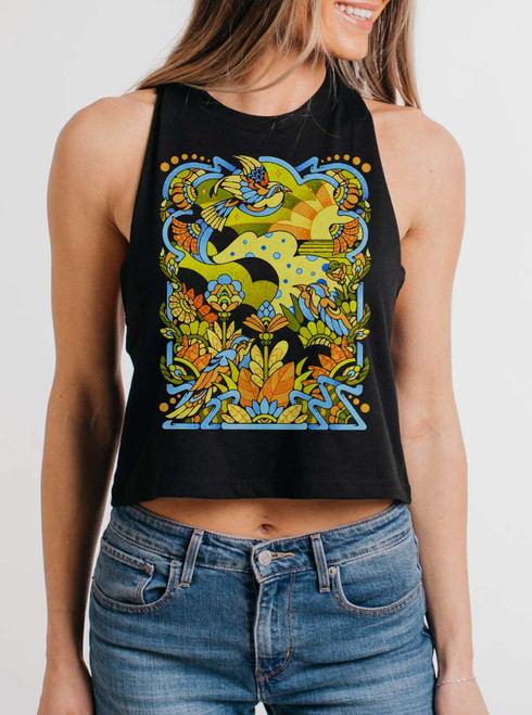 Bird Life - Multicolor on Black Womens Cropped Racerback Tank