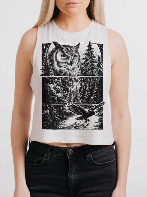 Night Hunter - Black on White Womens Cropped Racerback Tank
