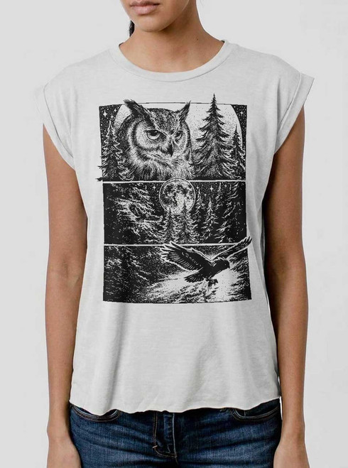 Night Hunter - Black on White Women's Rolled Cuff T-Shirt