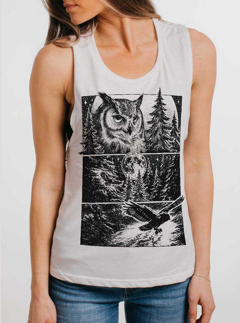 Night Hunter - Black on White Womens Muscle Tank