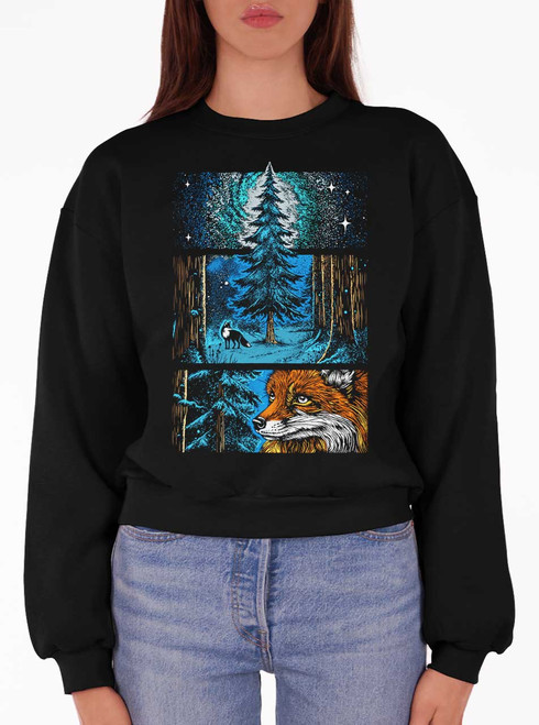 Whisper in the Woods - Multicolor on Black Women's Balloon Sleeve Sweatshirt