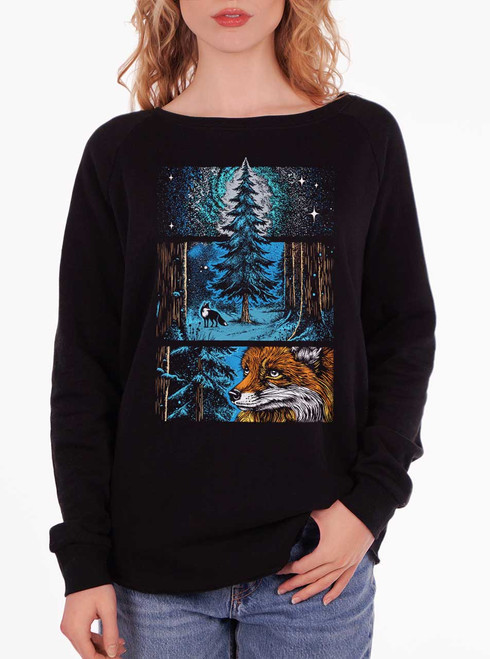 Whisper in the Woods - Multicolor on Black Women's California Sweatshirt